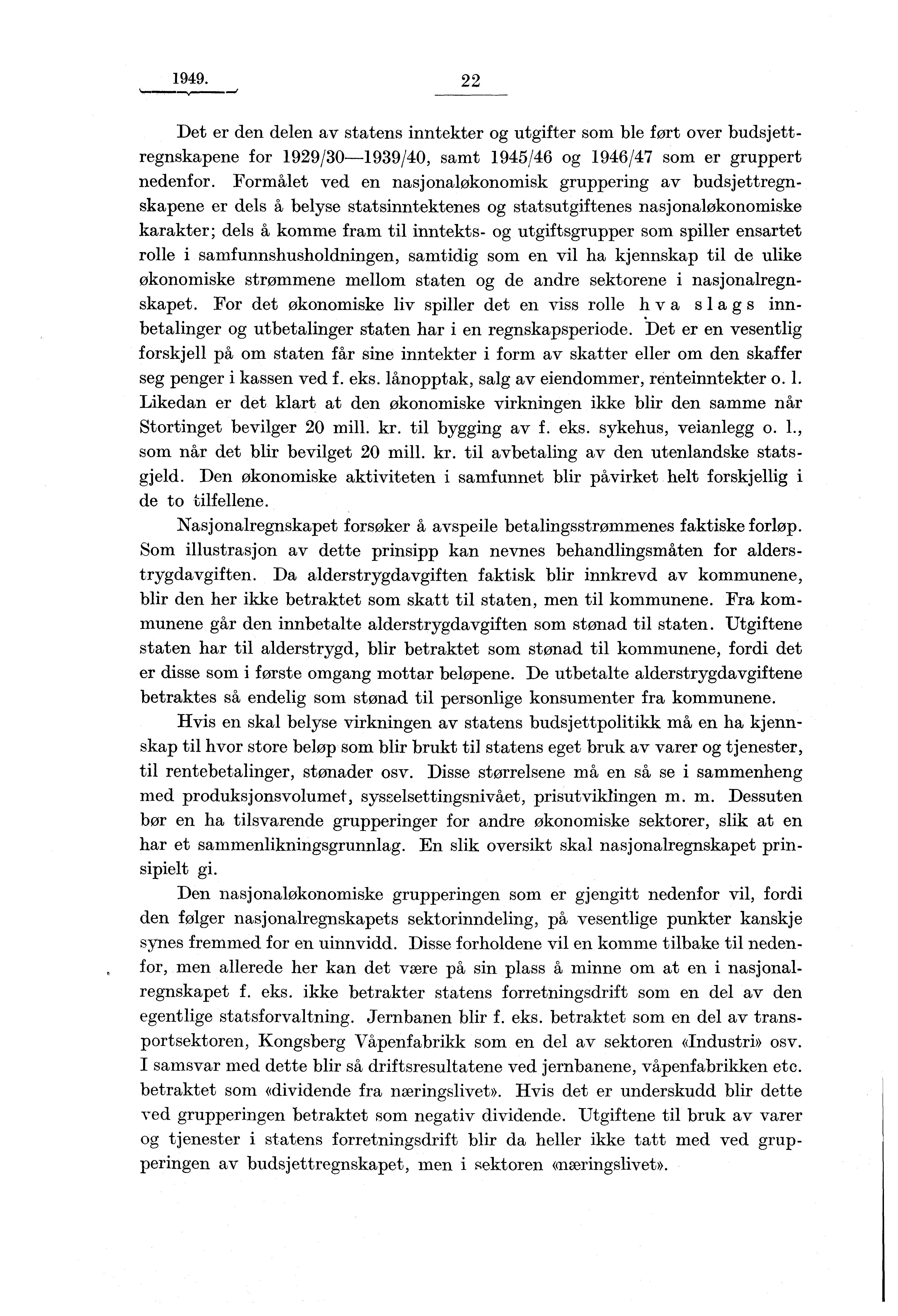 1949. 22 Det er den delen av statens inntekter og utgifter som ble ført over budsjettregnskapene for 1929/30-1939/40, samt 1945/46 og 1946/47 som er gruppert nedenfor.