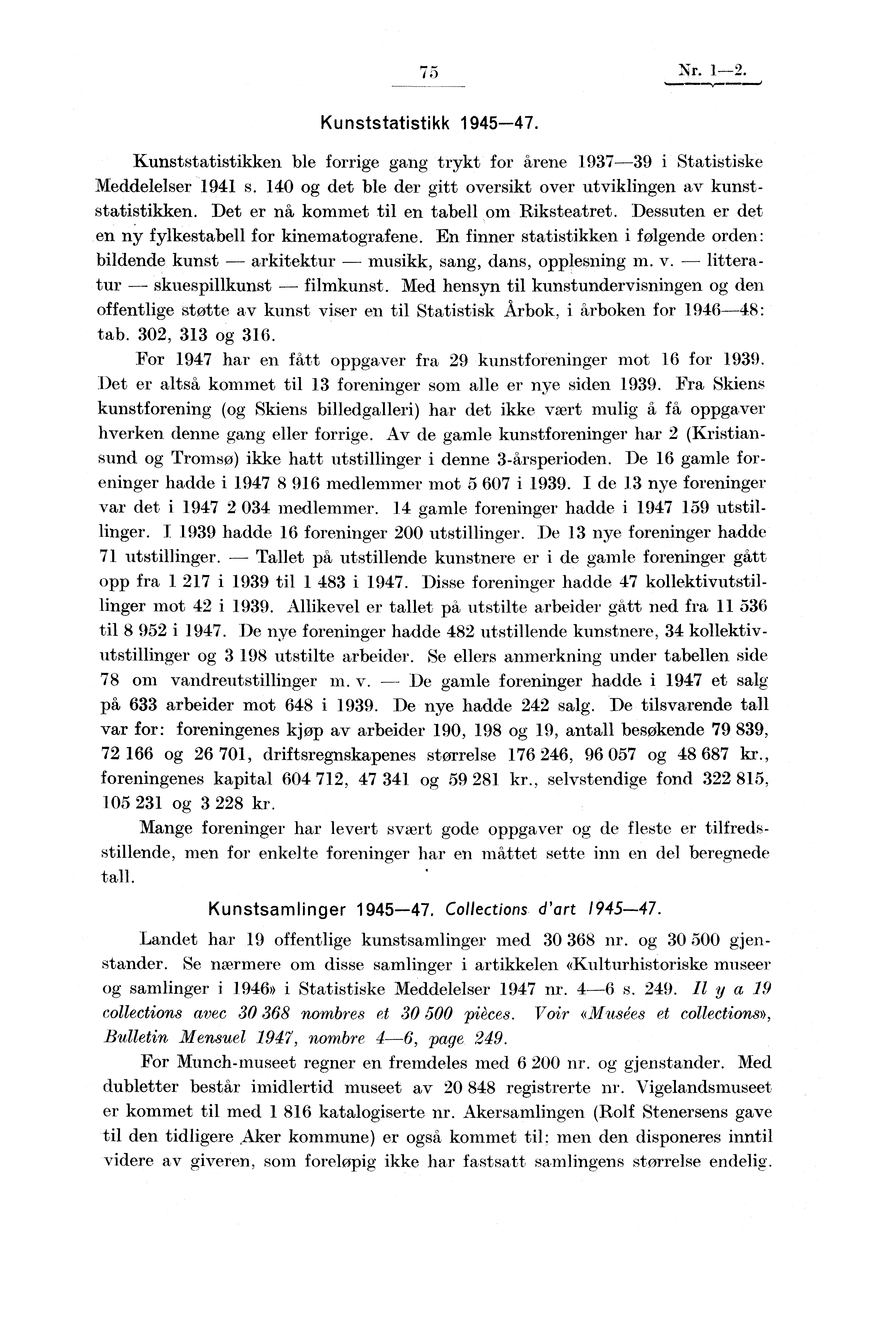 75 Nr. 1-2. Kunststatistikk 1945-47. Kunststatistikken ble forrige gang trykt for årene 1937-39 i Statistiske Meddelelser 1941 s.