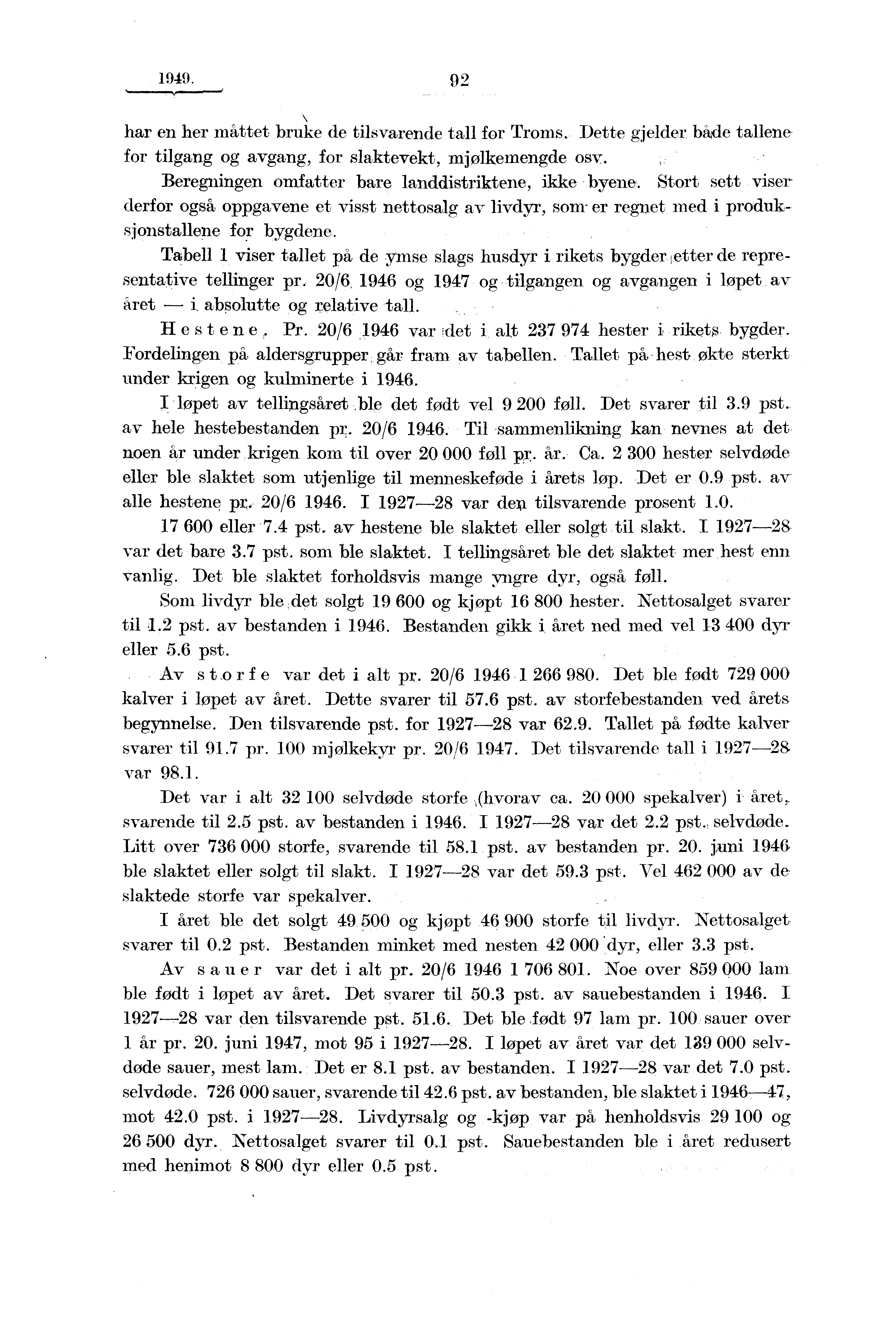 1949. 92 har en her mattet bruke de tilsvarende tall for Troms. Dette gjelder både tallene for tilgang og avgang, for slaktevekt, mjølkemengde osv.