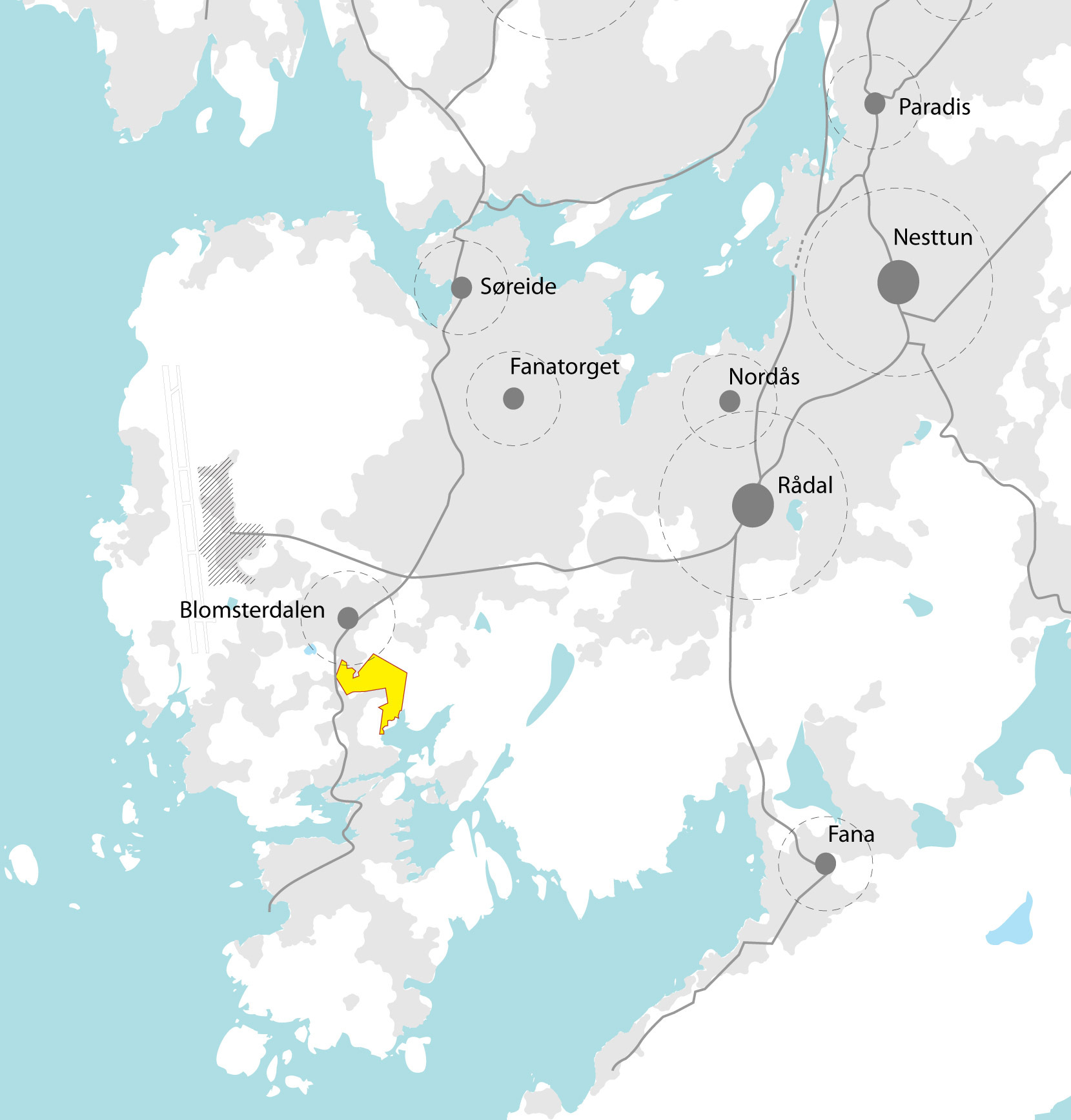 Side: 17 av 49 Fig. 6. Prosjektområdets plassering i forhold til lokalsenter Blomsterdalen og bydelssenter Rådal og det som SSB definerer som tettstedsområde (grått) i Fana/Ytrebygda.