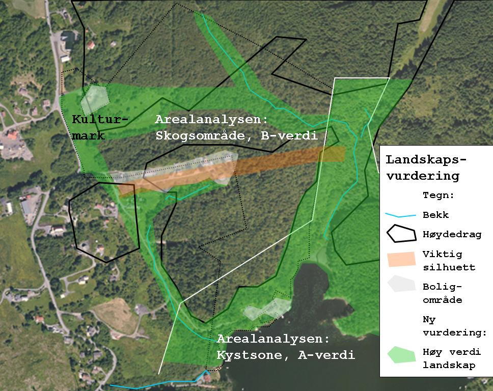 Side: 31 av 49 - Oppsummering av verdi for landskapsbildet: Fig. 21. Lokal landskapsvurdering, oppsummering Området har stor verdi/a-verdi langs Vågsbøpollen.