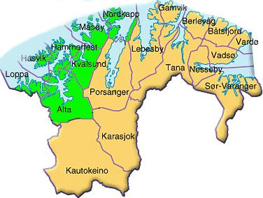 Figur 2.2 Kart over kommuner i Vest-Finnmark Regionråd Kommunenes størrelse målt i folketall og areal framgår av tabell 2.2 nedenfor. Av et samlet innbyggertall på vel 35.