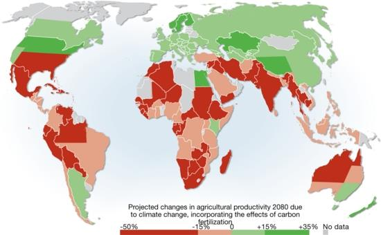 Figur 7-3 Kart over hvordan klimaforandringene kan påvirke verdens matproduksjon Dette kartet viser hvordan klimaendringene vil påvirke ulike lands muligheter til å produsere mat frem mot 28.