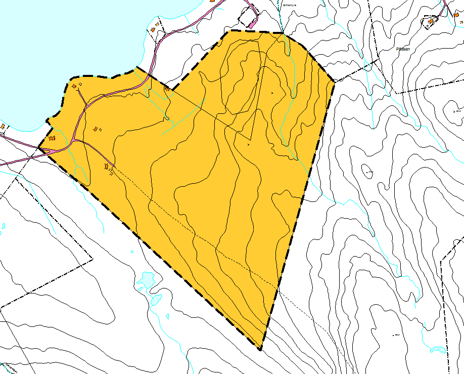 Planområdet slik det ble vist på varsel om oppstart av planarbeid: 5 Planområdet 5.1 Generell beskrivelse Planområdet ligger like sør for Hersjøen i Selbu kommune.