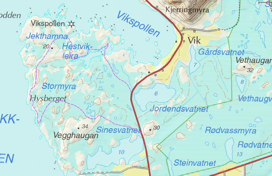 Figur 3. Befaringsrute i planområdet er markert med lilla stiplet linje. Befaringene ble utført 10.