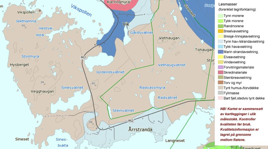 Figur 5. Kart som viser løsmasseavsetningene innenfor planområdet. Kilde: Norges Geologiske undersøkelse. 5.1.