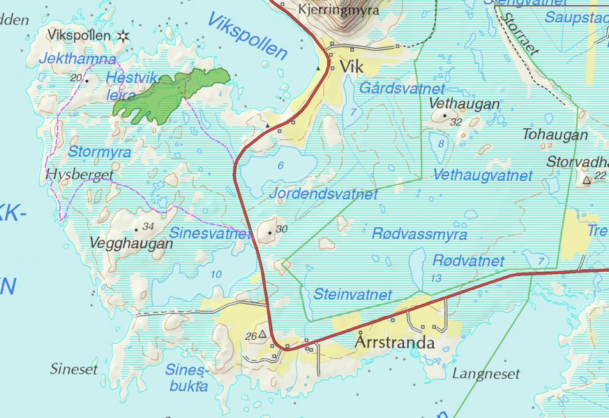 Figur 9. Kart som viser utbredelsen av den verdifulle naturtypelokaliteten med strandeng i Hestvikleira (grønt polygon). Hestvikleira har også åpenbar verdi som rasteplass for fugler på trekk.