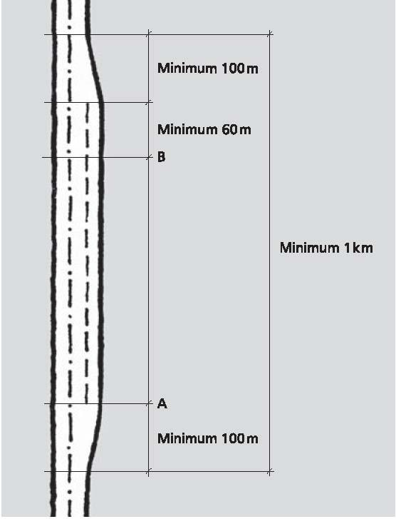 Figur C.31: Utforming av forbikjøringsfelt (mål i m) Forbikjøringsfelt for ÅDT < 8 000 bygges normalt uten midtrekkverk.