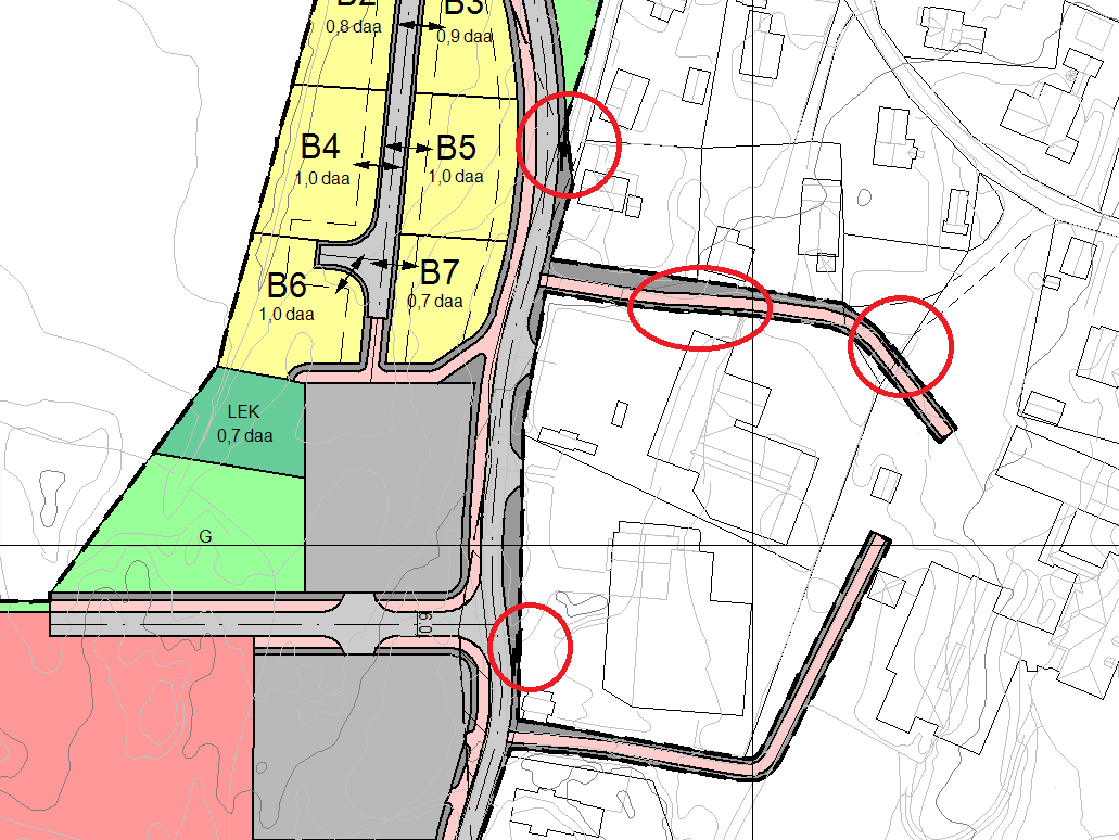 Figur 8. Stenging av avkjørsel er markert med rød sirkel. Arealformålet kjøreveg inkluderer kjørebanebredde og skulder. Arealer utenfor, slik som grøfter etc.