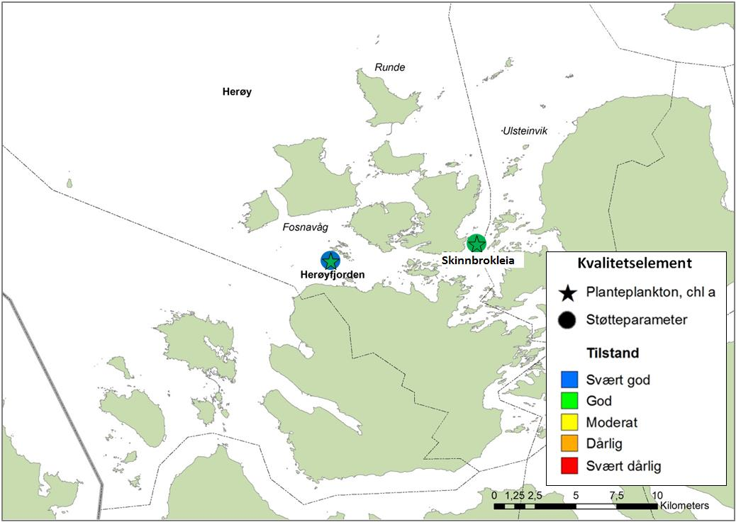Figur 1. Kart som viser plassering av de to hydrografistasjonene for ØKOKYST Møre og Romsdal og foreløpig tilstandsklassifisering basert på data innhentet i 2013-2014.