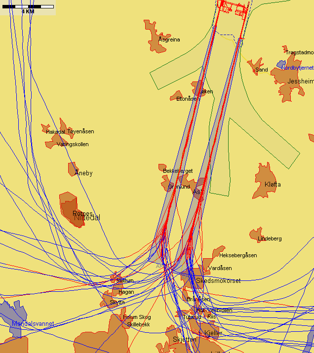 9.3.2 Landinger, rapportering iht 9, Forskrift om støyforebygging, Gardermoen Jetflylandinger fra sør med sen tilslutning til ILS-glidebanen Figur 6. 42 flygninger.