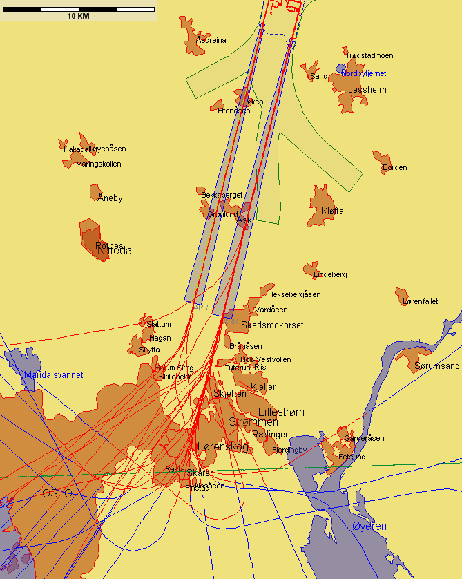 Jetflylandinger fra sør med lav høyde sør for N 59 55 00 Figur 8.