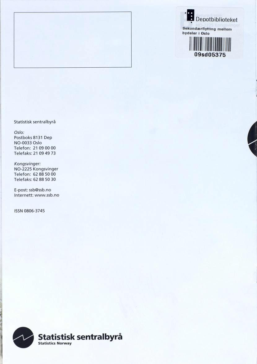 Deootbiblioteket Sekun dæ rflytting mellom bydeler i Oslo 095d05375 Statistisk sentralbyrå Oslo: Postboks 8131 Dep NO-0033 Oslo Telefon: 21 09 00 00 Telefaks: 21 09 49 73