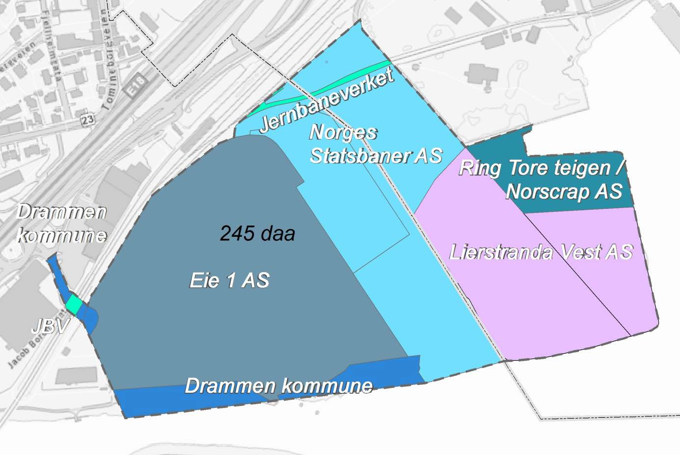 Figur 2-2: Kartskisse som viser grunneierne innenfor planområdet I Drammen kommune inngår hele eller deler av gårds- og bruksnummer 113/40, 113/45, 113/285, 113 1017, 113/1098, 113/1165, 113/1166 og