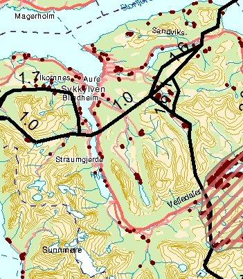 Kart i Figur 3 er et utnitt fra Turkart for Sykkylven. Dette viser at det går stier opp fra både Vikedalen og Aurdalen mot Heiane.