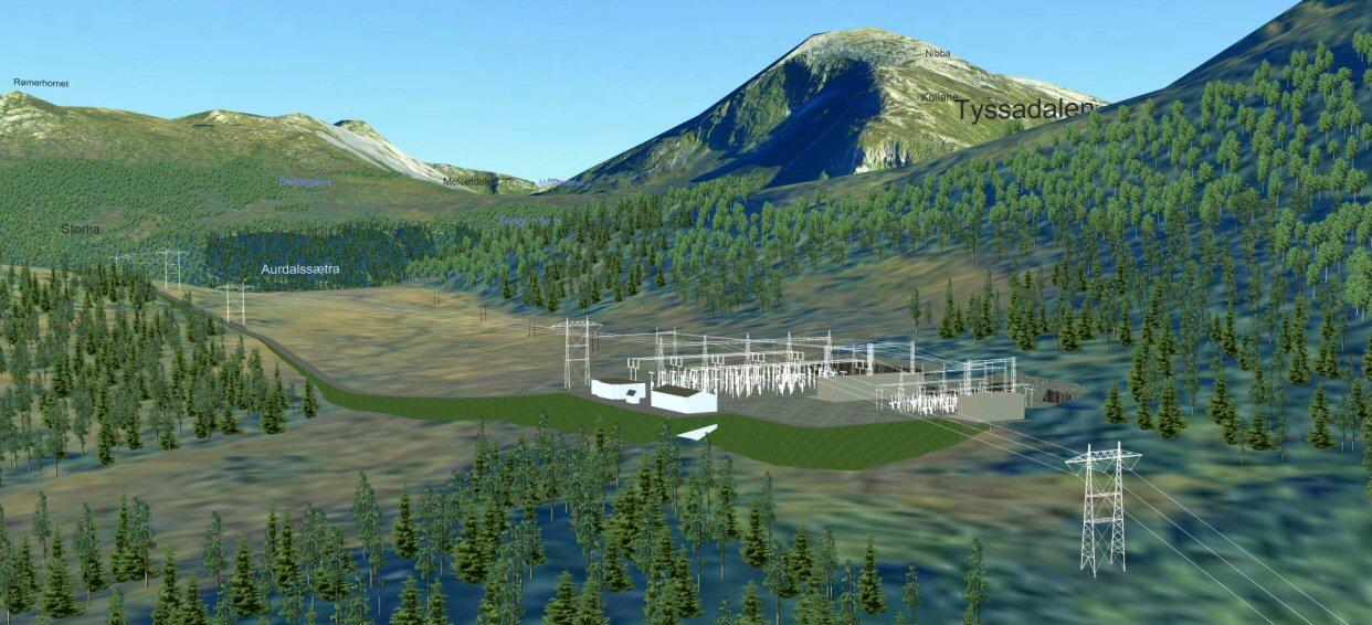 Figur 6. Utsikt fra framkant av Borgundkollen mot NV. Planlagt 420 kv-ledning og stasjonen på Heiane bli noe synlig. Kilde: Statnetts VR-modell.