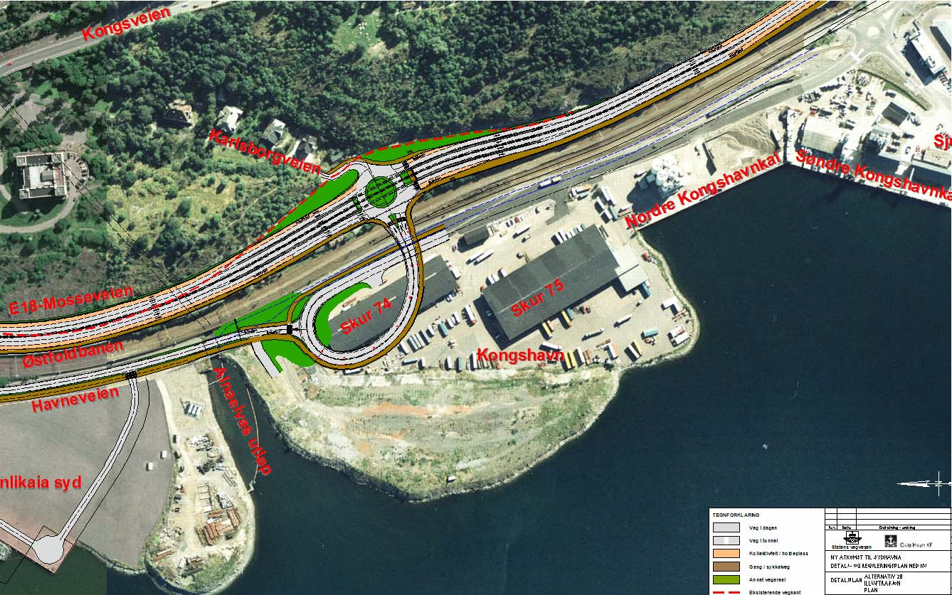 Beskrivelse: Nytt kryss E18 Mosseveien Sydhavna Nytt toplanskryss på Kongshavn med ny adkomst til Oslo Havn.