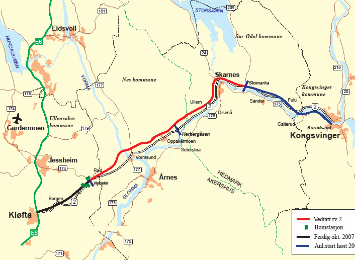 Rv. 2 Kløfta Kongsvinger Parsell 3 og 4 Nybakk Slomarka Ca. 33 km, 3 kommuner (Ullensaker, Nes og Sør-Odal) Regulering/prosjektering/grunnerverv 2012-2017? Anleggsstart 2018? Ferdig 2021?
