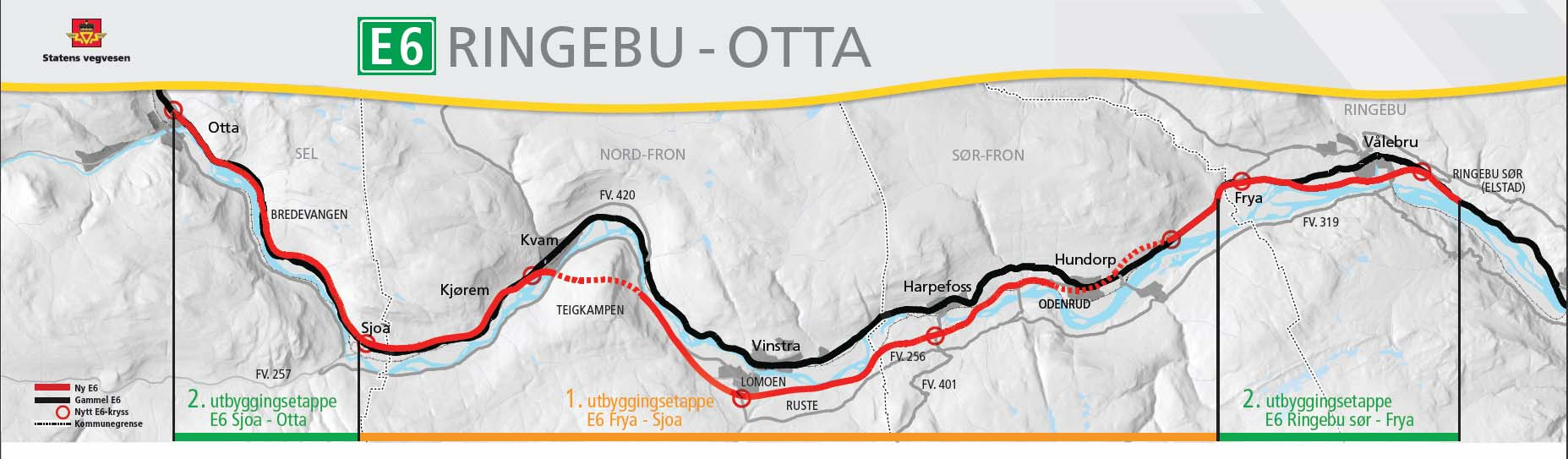 E6 Ringebu S - Otta Lengder Tunnel Konstruksjoner Masseflytting Totalkostnad Frya Vinstra (18,7 km) Vinstra Sjoa (16 km) 34,7 km Hundorptunnelen: 4300 m, Teigkampen: 3600 m 44 stk lengde på