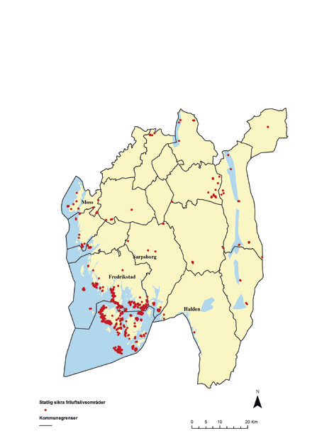 Østfold fylke I Østfold fylke er det per 1. januar 2012 gjennomført 182 sikringssaker som har resultert i 237 sikrede eiendommer fordelt på 148 områder i Naturbase.