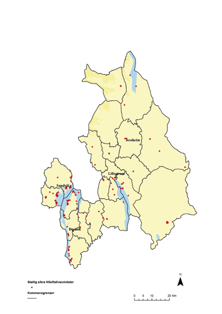 Akershus fylke I Akershus fylke er det per 1. januar 2012 gjennomført 109 sikringssaker som har resultert i 180 sikrede eiendommer, fordelt på 97 områder i Naturbase.