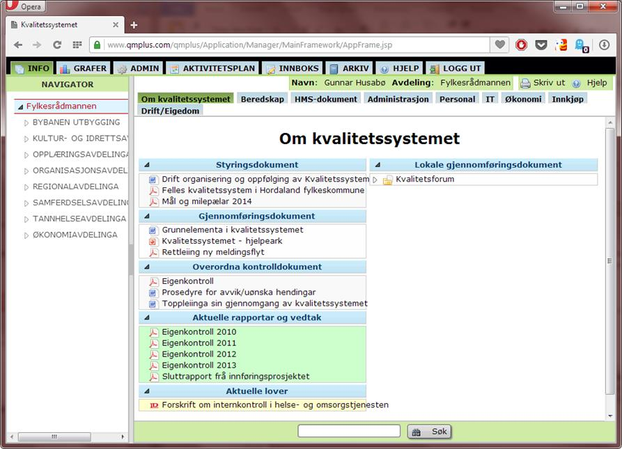 Figur 4 Skjermkopi som viser framsida på dokumentstyringsdelen av kvalitetssystemet Dei overordna skildringane av korleis systemet skal fungere og kva som er grunnelementa i systemet er datert til