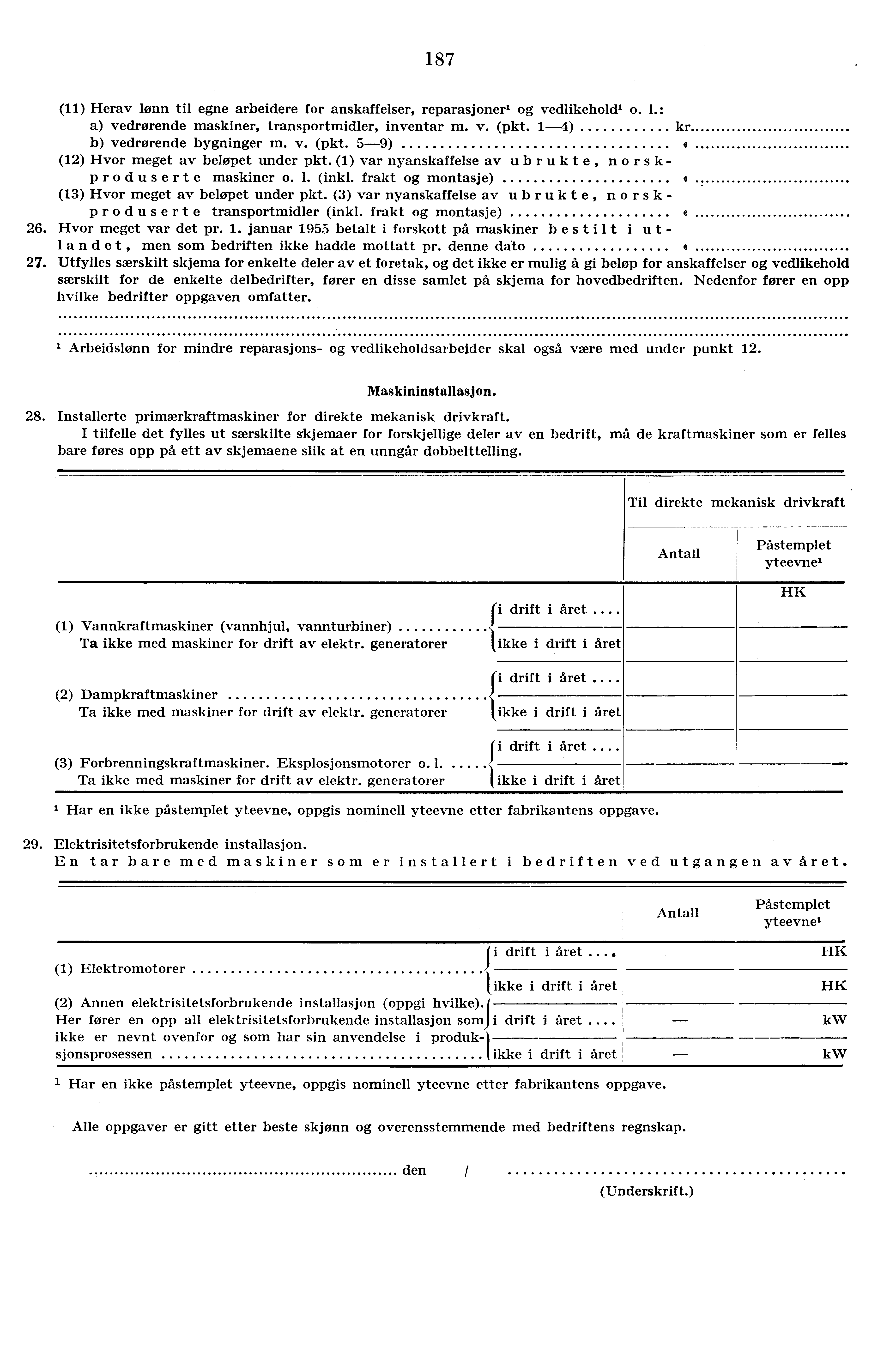 187 (11) Herav lønn til egne arbeidere for anskaffelser, reparasjoner' og vedlikehold' o. 1.: a) vedrørende maskiner, transportmidler, inventar m. v. (pkt. 1-4) kr b) vedrørende bygninger m. v. (pkt. 5-9) 4 (12) Hvor meget av beløpet under pkt.