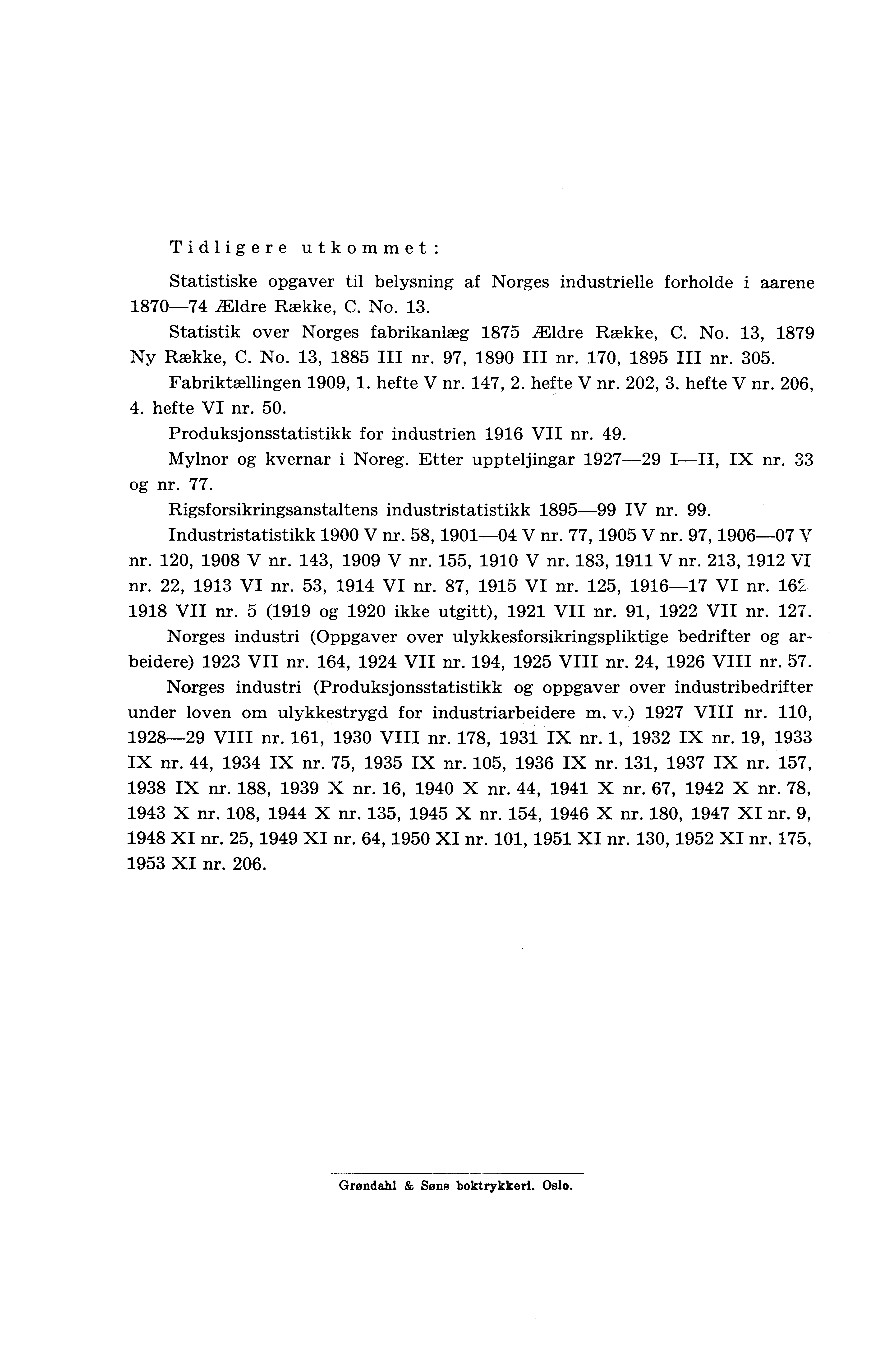 Tidligere utkommet : Statistiske opgaver til belysning af Norges industrielle forholde i aarene 1870-74 Ældre Række, C. No. 13. Statistik over Norges fabrikankeg 1875 Ældre Række, C. No. 13, 1879 Ny Række, C.