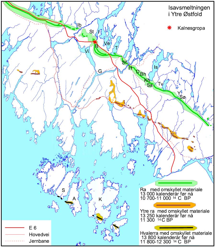 NATUR I ØSTFOLD 26(1-2) 2007 Utviklingen av landformene og løsmassene i og omkring Kalnesgropa Fig. 4. Kart over brerandtrinnene i Ytre Østfold. (Etter Olsen, L og Sørensen, E. 1993.