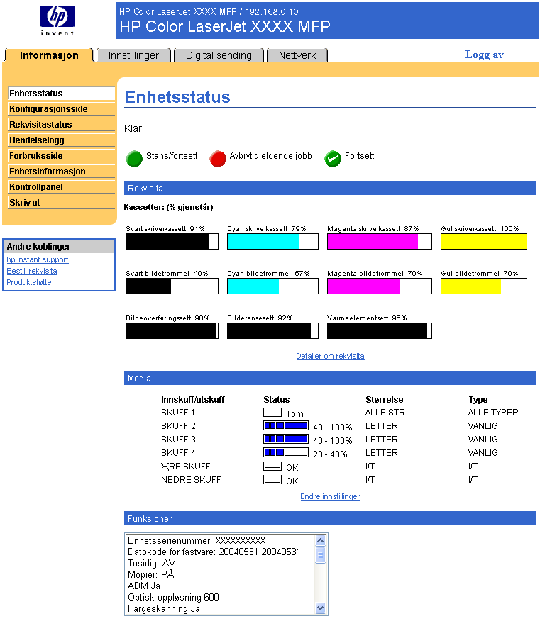 Enhetsstatus Bruk siden Enhetsstatus for å vise produktets gjeldende status. Illustrasjonen og tabellen nedenfor beskriver hvordan du bruker denne siden.