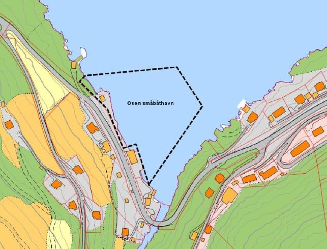 A18 Osen småbåthavn, Feios. Område : Osen småbåthamn, Feios Oversiktkart Planlagt arealbruk: Småbåthamn. Innspel/framlegg: Rådmannen Detaljkart Planstatus: Trafikkareal, byggeområde.