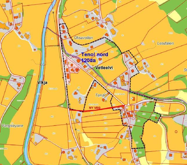 Område B3 Tenold nord, Vik. Areal: 120 da Planlagt arealbruk: Bustadområde Oversiktkart Fortetting av eks. busetnad og nye bustadområde.