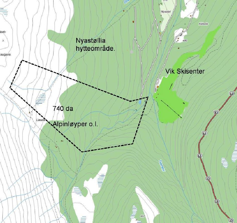 Område B4 Skibakke i Nyastøl-lia Areal: 740 da Oversiktkart Planlagt arealbruk: Idrettsanlegg Detaljkart Planstatus : LNFR Areal ca 250 da.