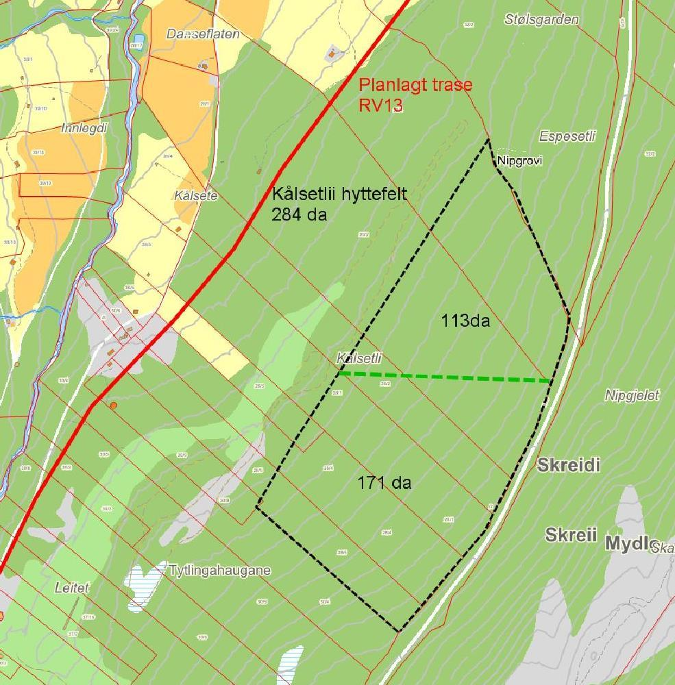 Område B5 Kålsetlia Areal: 284 da Planlagt arealbruk: Hytteområde Innspel : Grunneigarar Oversiktkart Detaljkart Planstatus : - Friområde 171da(under grøn stipla strek) og - LNFR 113 da.