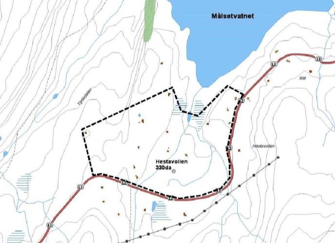 Område B7 Hestavollen Areal: 330da Planlagt arealbruk: Hytteområde LNF-spreidd.