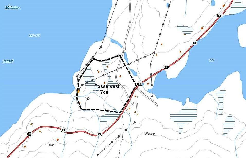 Område B8 Fosse Vest Areal: ca 117da Planlagt arealbruk: Hytteområde LNF-spreidd.