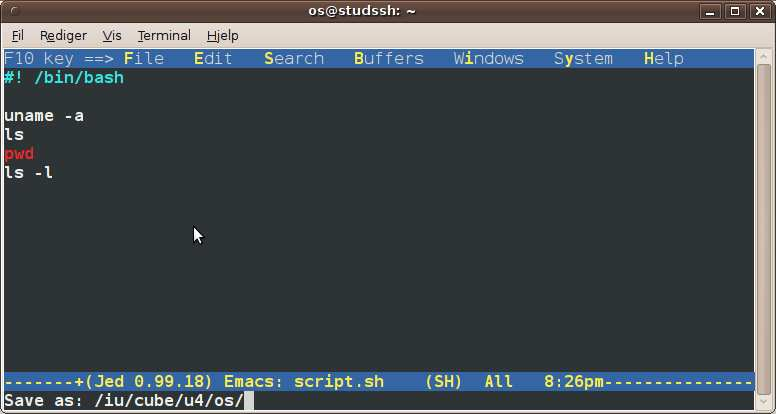 Figure 3: script.sh i jed #! --> nå kommer et script /bin/bash --> skal tolkes av /bin/bash Rettigheter må settes slik at filen er kjørbar (x) [os]studssh:~$ script.sh -bash:./script.