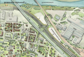 Busstrase er vist med rød linje, her for alternativet direkteførte ramper. Gangbruforbindelse er vist med blå linje.