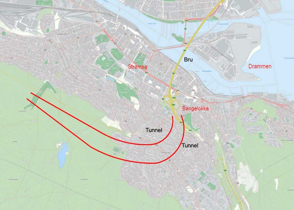 Innspill Begrunnelse Oversikt Kryssing av Drammenselva: Forslaget presenterer et Det vil ikke være mulig å bygge en tunnel som vil kunne tilfredsstille kravene til stigning.