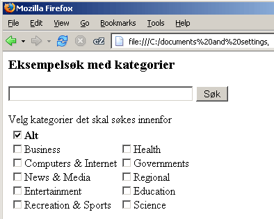 10.4. MULIGE LØSNINGER KAPITTEL 10. BRUKERGRENSESNITT Figur 10.6: Søkemotor med kategorier.