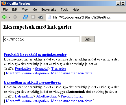 KAPITTEL 10. BRUKERGRENSESNITT 10.4. MULIGE LØSNINGER Figur 10.7: Søkeresultater med treff i ontolgier. trestruktur som viser hvordan nøkkelord/synonymer henger sammen.