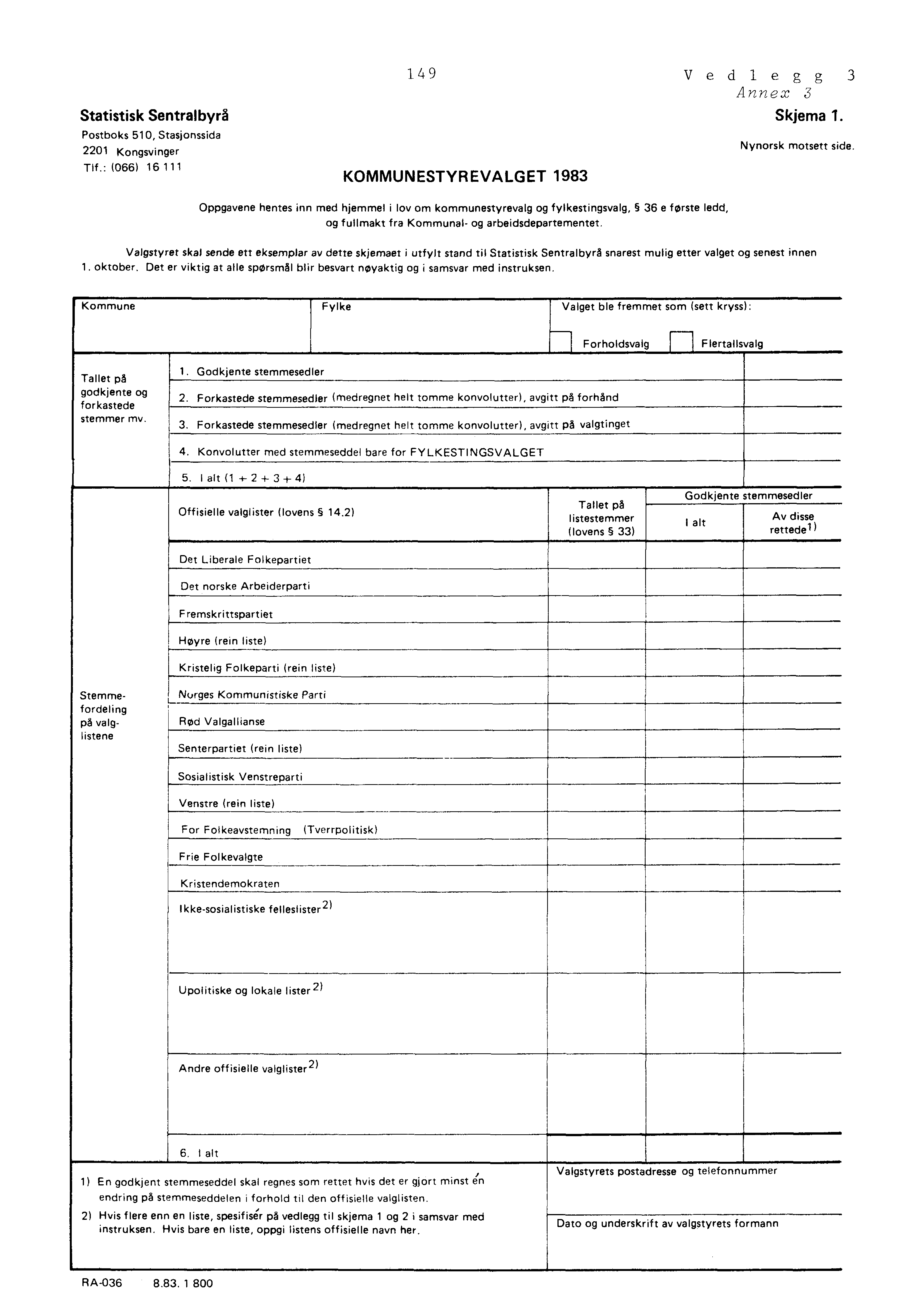 Statistisk Sentralbyrå Postboks 510, Stasjonssida 2201 Kongsvinger Tlf.: (066) 16 111 149 KOMMUNESTYREVALGET 1983 Vedlegg 3 Annex 3 Skjema '1. Nynorsk motsett side.