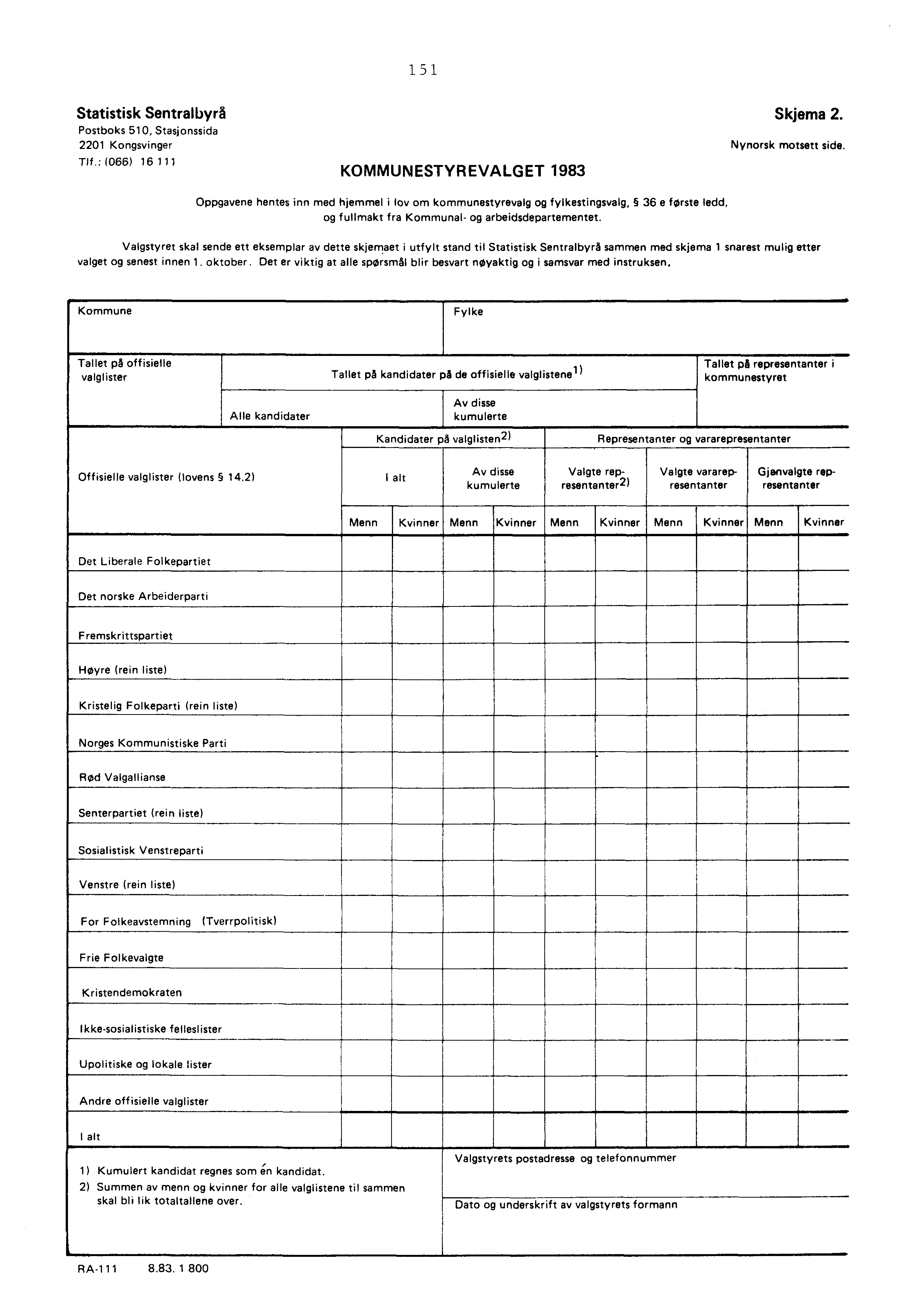 151 Statistisk Sentralbyrå Skjema 2. Postboks 510, Stasjonssida 2201 Kongsvinger Nynorsk motsett side. Tlf.