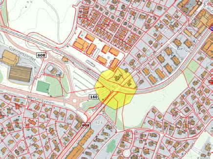 16 reguleringsarbeider. Retningsgivende støykart for veistøy vises under. I tillegg kommer støy fra T- banen. Økt trafikk pga. økt utnyttelse vil ikke gi merkbar støyendring.