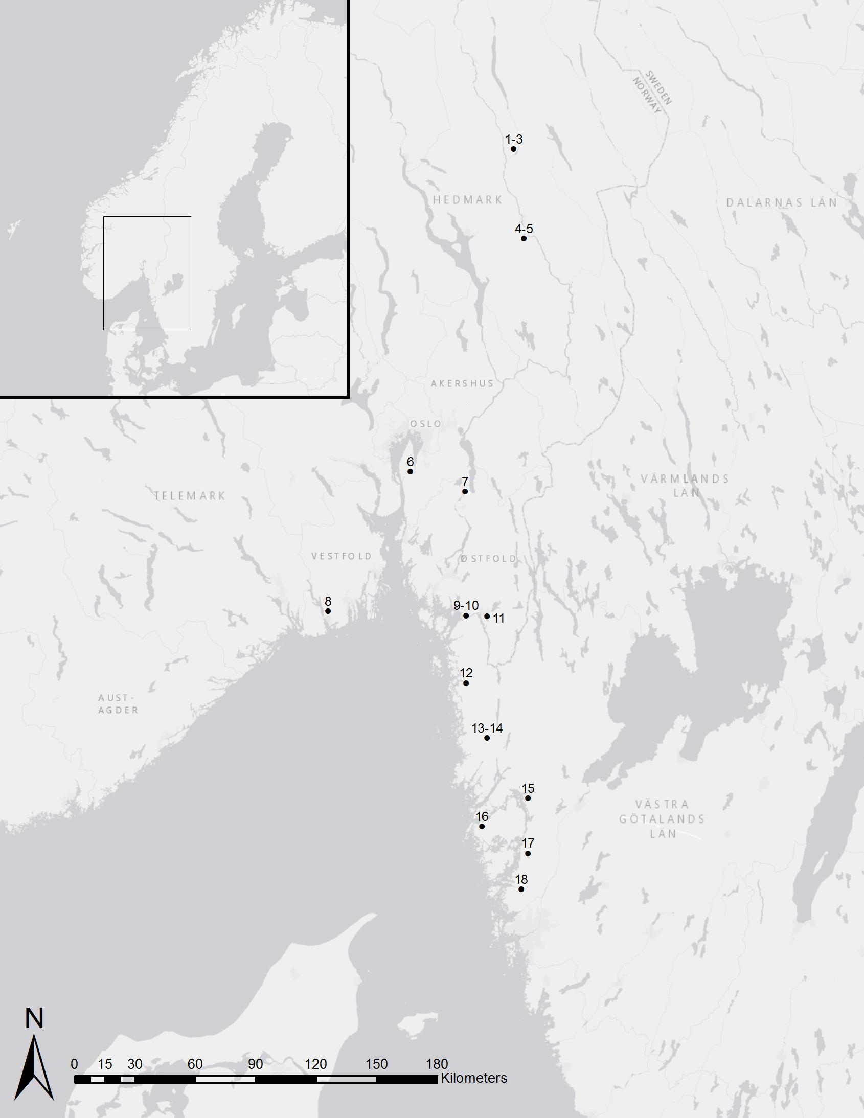 Figur 3.1 Kart over sentrale mellom- og senmesolittiske tuftlokaliteter i Østlandsregionen og Bohuslän.