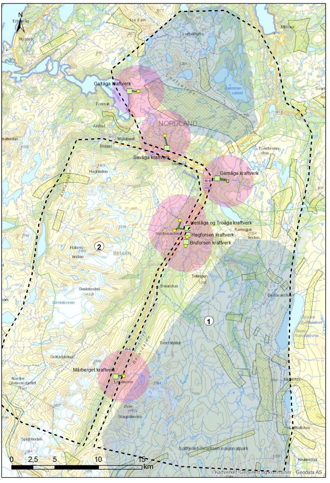 Figur 4-1 Detaljkart som viser influensområde for småkraftverkene (3 km