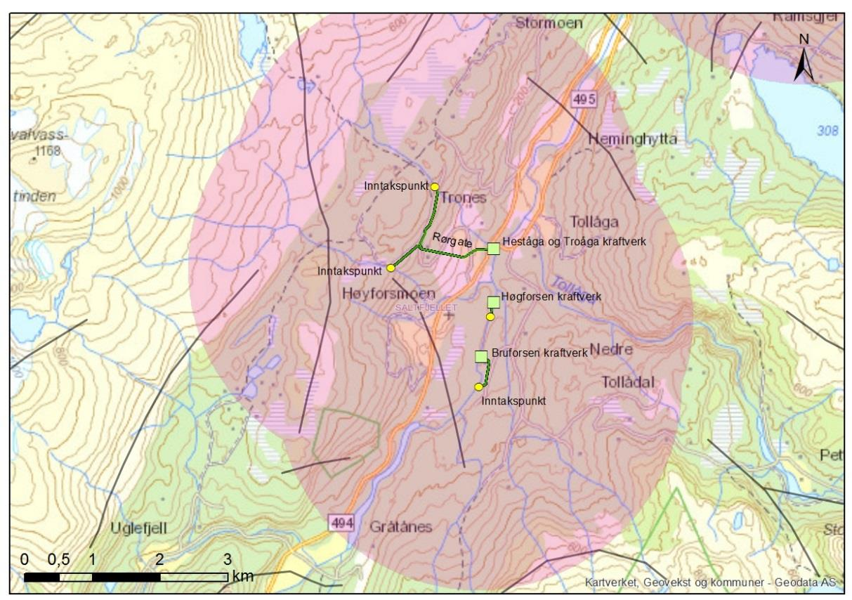 Figur 5-2 Detaljbilde av Heståga og Troåga, Høgforsen og Bruforsen småkraftverk. Rosa sirkel viser en buffersone med 3 km radius fra inntakene. Tykke grå streker viser trekkveier. Ca.
