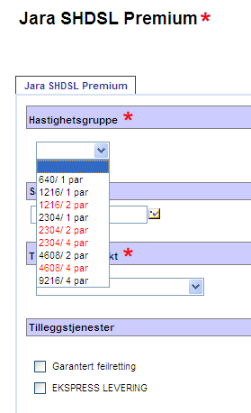 Endringer på bestilling av Jara SHDSL Hastighetsgruppe (1/2): Under hastighetsgruppe velges nå ikke bare hastighet, men også antall par som skal benyttes for overføringen av