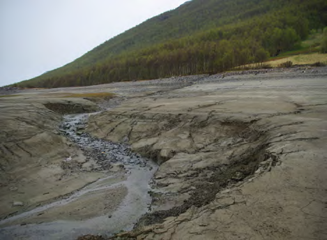Fig 4.1 ab Sidebekkene har gravd ut til dels dype raviner i bunnsedimentene i Storvatn ved lav vannstand. Bilder viser utviklingen i samme bekk fra 26 juni 2008 (venstre bilde) og til 27.
