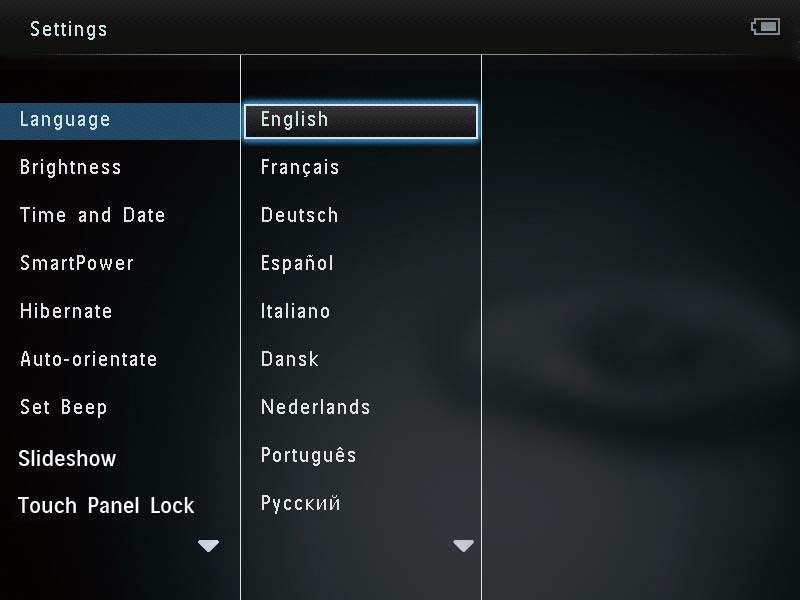 8 Innstillinger 1 Velg [Settings] på startskjermen, og trykk Velge et skjermspråk 1 Velg [Settings] på startskjermen, og trykk 2 Velg [Brightness], og trykk deretter på OK.